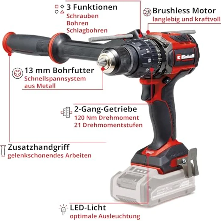 Einhell Akku-Schlagbohrschrauber TP-CD 18/120 Li-i BL - Solo, Brushless Motor, 120 Nm, 2-Gang-Getriebe – Bild 3