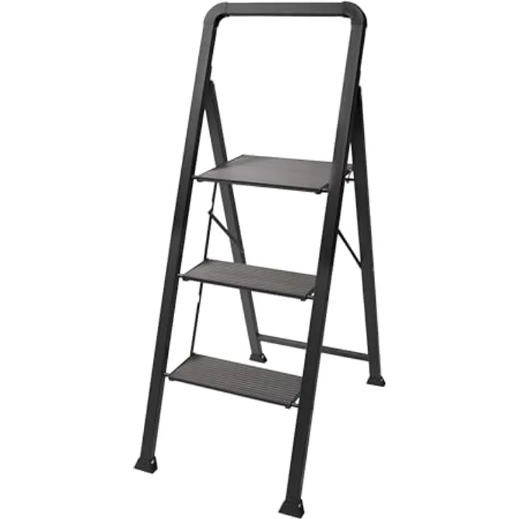 MSV Trittleiter 3 Stufen, faltbar, rutschfest, Stahl, max. 150 kg, mattschwarz (62 x 42,5 x 108 cm)