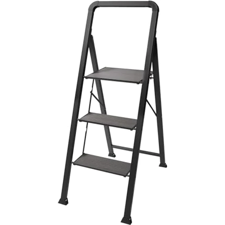 MSV Trittleiter 3 Stufen, faltbar, rutschfest, Stahl, max. 150 kg, mattschwarz (62 x 42,5 x 108 cm) – Bild 1