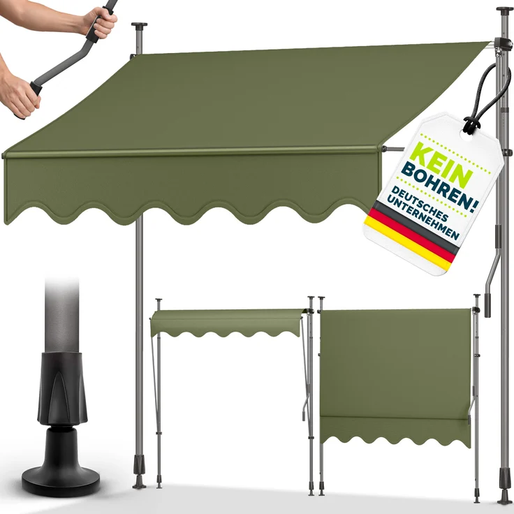 tillvex Balkonmarkise 400 cm, Armeegrün, Gelenkarm Klemmmarkise, Sonnenmarkise ohne Bohren, höhenverstellbar, mit Handkurbel