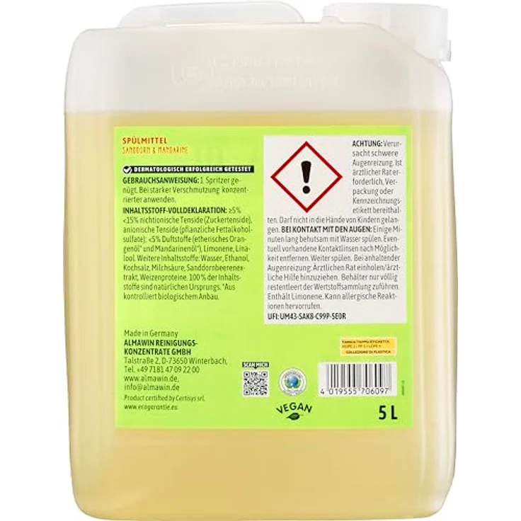 Almawin Spülmittel - Sanddorn Mandarine 5L, hochkonzentriertes Geschirrspülmittel mit fruchtigem Duft und hautmilden Weizenproteinen – Bild 4