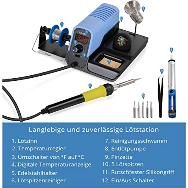 Stagecaptain Lötstation - Lötkolben Set bis 480 °C - extrem kurze Aufheizzeit - Lötzinnhalter - Leistung: 30 W - Entlötpumpe - Feinlötkolben mit Pinzette, 5 Lötspitzen, Lötzinn & Reiniger – Bild 3