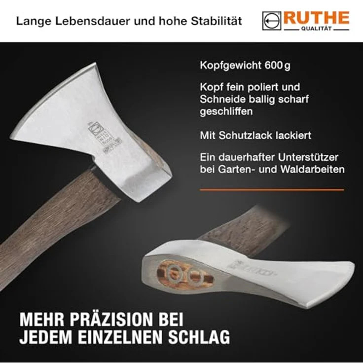 RUTHE 3006062019 - Hacha DIN 5131 B ? 7294 B con mango de madera de hickory (600 g) – Bild 4