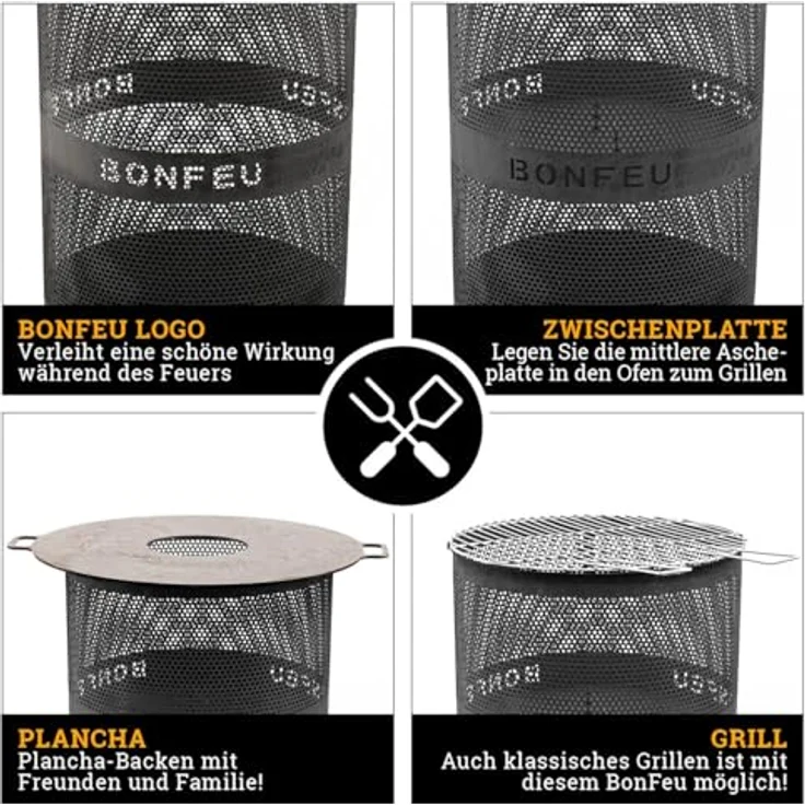 BonFeu Bonves Ø45cm Schwarz, Feuerkorb aus stabilem Stahl mit Grillrost & Schürhaken, hitzebeständig und langlebig, für Garten und Kochen – Bild 5