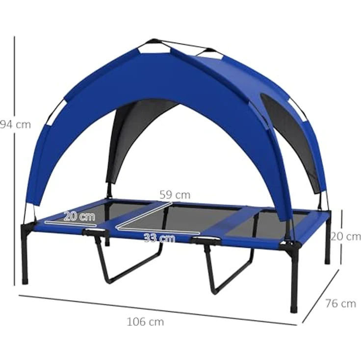 PawHut Erhöhtes Hundebett mit Baldachin, Haustierbett, Outdoor Hundeliege mit Dach, Atmungsaktiv, für große Hunde Dunkelblau Oxford 106 x 76 x 94 cm – Bild 5