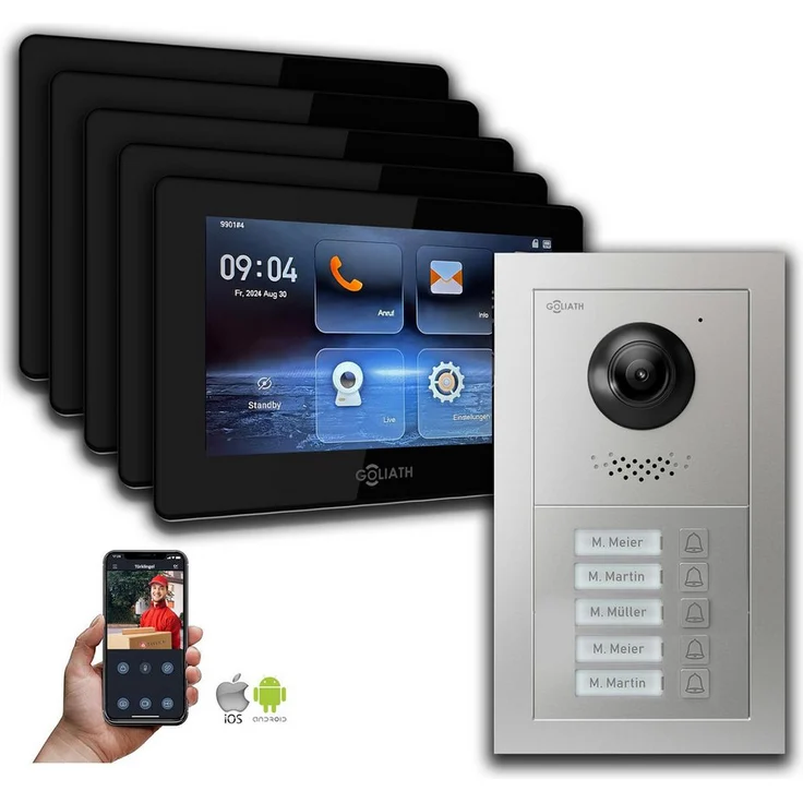 Goliath Intercom GL-HB500 2-Draht BUS Video-Türsprechanlage: HD-Kamera, Smartphone-App, 5 Monitore, Silber, für 5-Familienhäuser