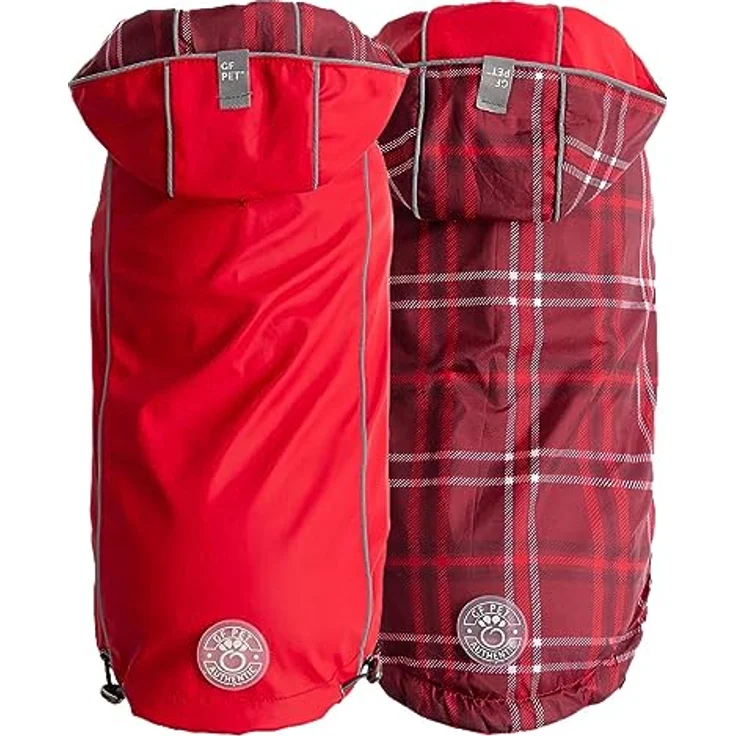 GF Pet Hunde-Regenmantel, Elasto-Passform, wendbar, für Hunde, wasserdichte Kapuzenjacke, rotes Karomuster, Größe XL – Bild 1