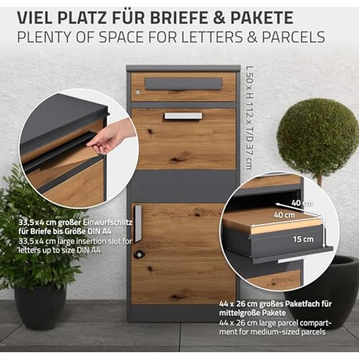 ML DESIGN modern living Paketbriefkasten aus verzinktem Stahl in Anthrazit-Eiche Optik, abschließbar, geräumig für Pakete, mit extra Sicherheit – Bild 4