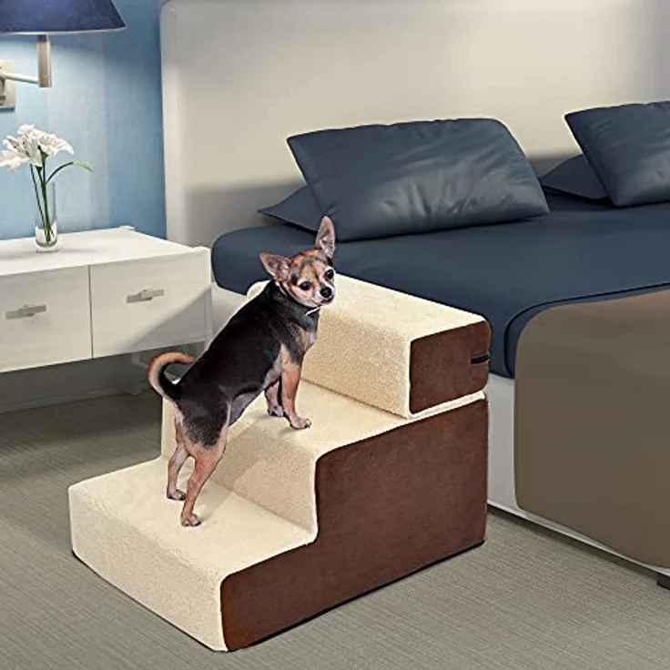 PawHut Hundetreppe Katzentreppe Haustiertreppe 3 Stufen Haustier Plüsch Beige 54 x 40 x 39cm – Bild 2