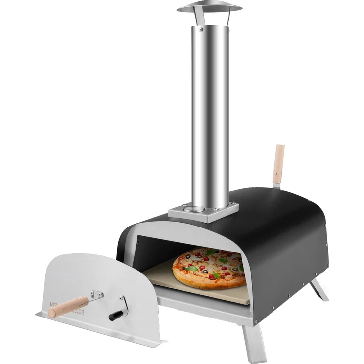 KOMFOTTEU Pizzaofen Holzofen mit 33 cm Pizzastein, für Garten Camping Familien Party, Silber Schwarz