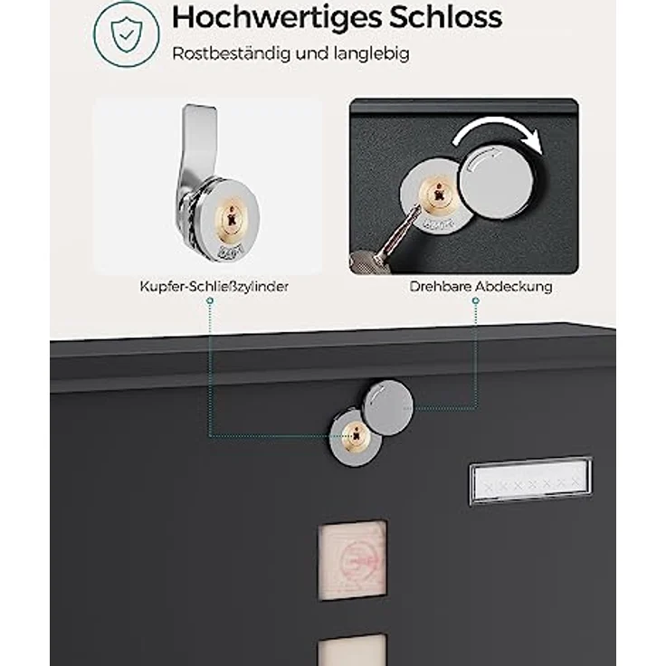 SONGMICS Briefkasten, Wandbriefkasten, mit Schloss mit Drehdeckel, Sichtfenster, Namensschild, Zeitungsfach, einfache Montage, 10 x 30,8 x 33,8 cm, schwarz GMB020B02 - Preisvergleich – Bild 3