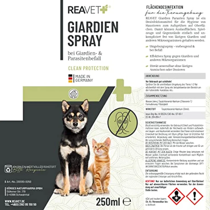 ReaVET Giardien Spray 250ml – Speziell für Hund & Katze, Konzentriertes Desinfektionsmittel Desinfektion Spray für Oberflächen und Umgebung bei gegen Giardien, Hygiene Spray – Bild 2