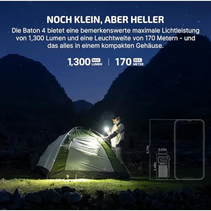 OLIGHT Baton 4 Kit, LED Taschenlampe aufladbar mit dimmbarem Ladecase, 1300 Lumen, 170m Leuchtweite, IPX8 wasserdicht, bis zu 190 Tagen Laufzeit – Bild 2