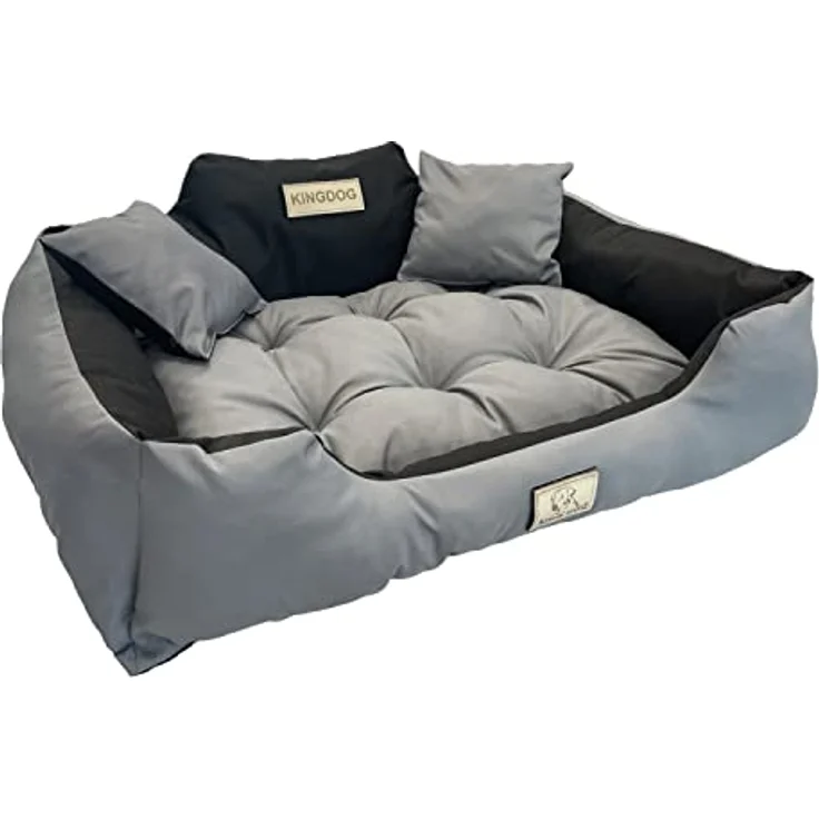 KingDog Hunde- und Katzenbett mit Zwei Kissen Hundekissen Hundekorb Haustierbett Waschbar Wasserdichtes PVC-Material S 55x45cm (Dunkelgrau) – Bild 1