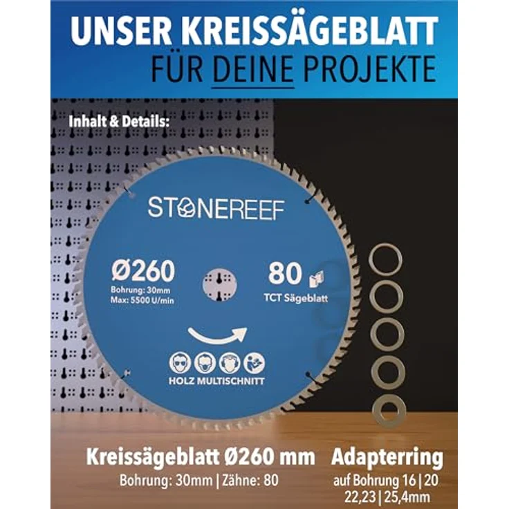 STONE REEF Kreissägeblatt Parent (Ø260X30), langlebig, passend für gängige Sägen, für verschiedene Materialien geeignet, robust - für präzise Schnittergebnisse – Bild 2
