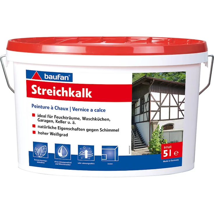 Baufan Streichkalk 5 l weiß rein mineralisches Anstrichmittel auf Basis von Weißkalkhydrat konservierungsmittelfrei ohne Lösungsmittel und Weichmacher für innen und außen – Bild 1