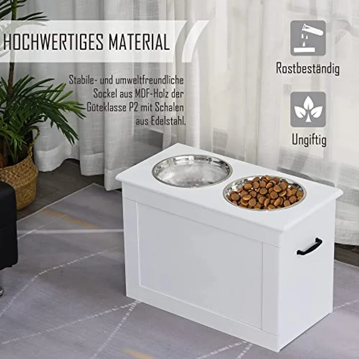 PawHut Hunde Fressnapf mit Staumraum 2 Näpfen Futterstation Edelstahlnapf Katzenapf MDF Edelstahl Weiß 60 x 30 x 41 cm – Bild 5