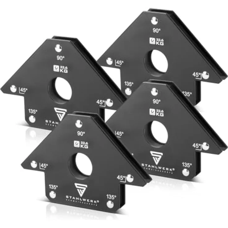 STAHLWERK Schweißmagnet 4er Set, 22,6 kg Haftkraft, 45° | 90° | 135° Winkel, starke Magnet-Schweißwinkel mit Rundloch zur präzisen Werkstückpositionierung – Bild 1
