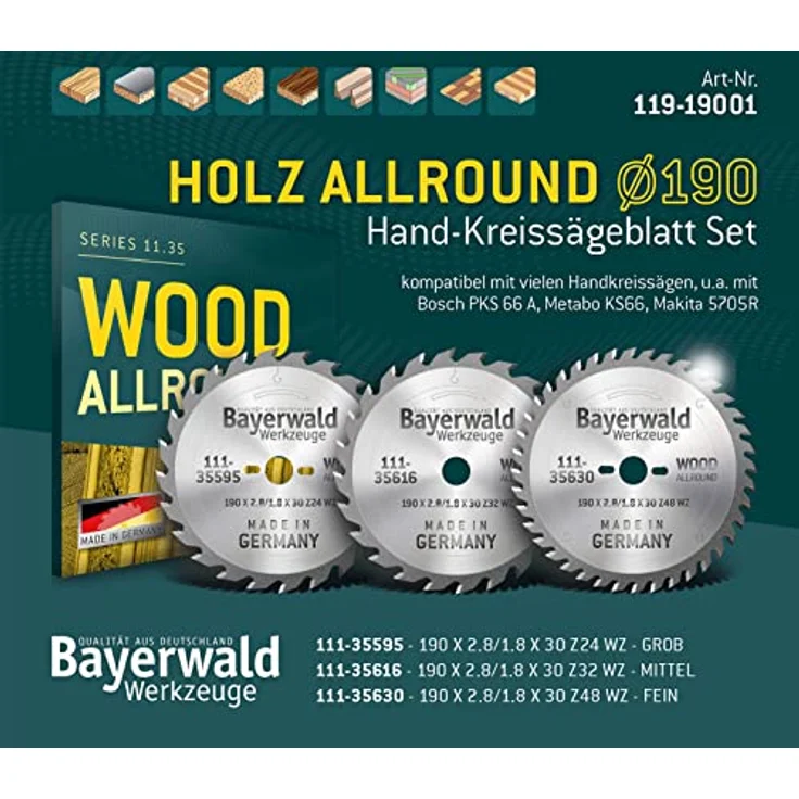 HOLZ ALLROUND Bayerwald Hand-Kreissägeblatt Set Ø 190 (3 tlg.) - für Tischlerplatten, Spanplatten, Holz Querschnitt etc. - Geeignet für Handkreissägen u.a. mit Bosch GKS 165 GKS 55. Makita DHS630Z – Bild 2