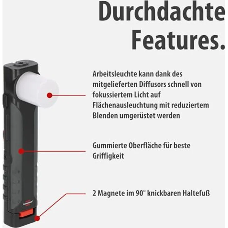 Brennenstuhl Akku LED Handlampe HL 600 AD/Dynamo, Werkstattlampe mit USB C Kabel, 600+180lm, IP54, IK08, bis zu 15h Leuchtdauer, integrierter Haken und Magnete – Bild 5