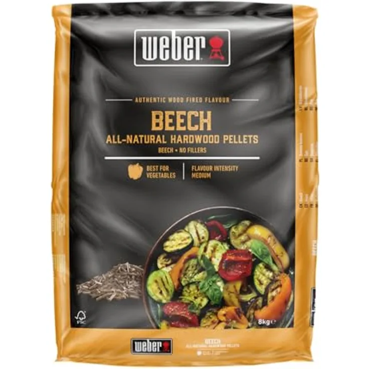 Weber Holzpellets Buchenholz (8kg) für Aroma-Räuchern von Gemüse, 100% natürlich, passend für alle Pellet Grills, Braun
