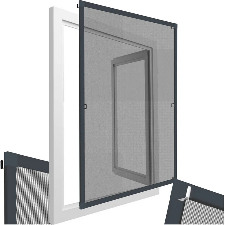 tectake Insektenschutz-Fensterrahmen Fliegengitter, Aluminiumrahmen ohne Bohren, anthrazit, wetter- und UV-beständig, kürzbar, licht- und luftdurchlässig