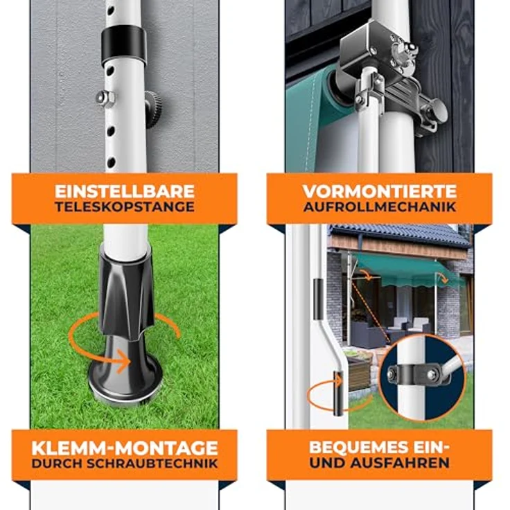 KESSER® Klemmmarkise mit Handkurbel, UV-beständig & wasserabweisend, höhenverstellbar, Montage ohne Bohren, 250cm für Balkon, Terrasse & Garten – Bild 3
