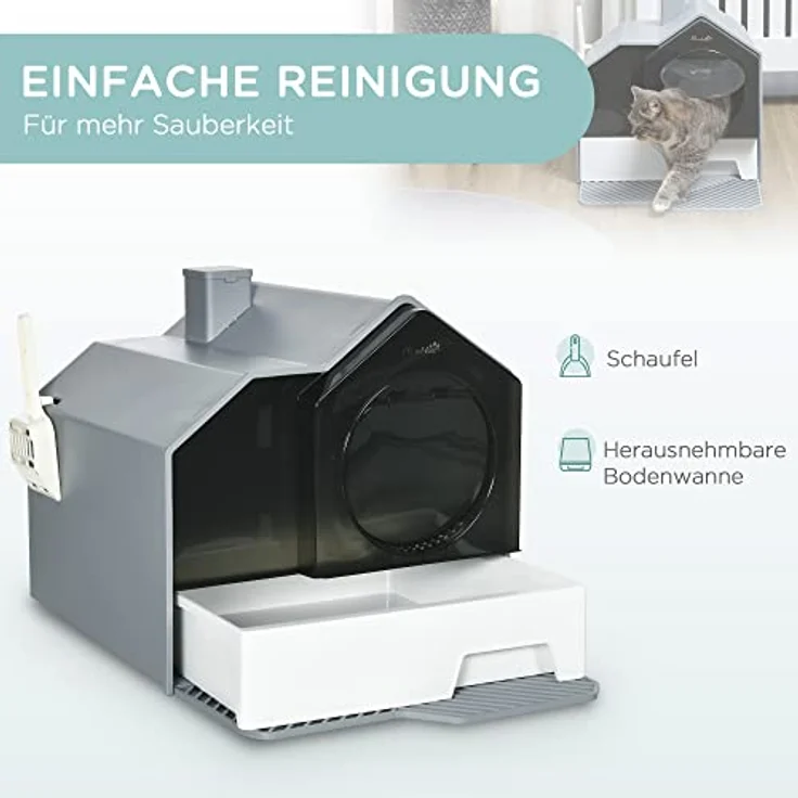 PawHut Katzentoilette Katzenklo mit Bodenwanne, Schaufel, Filter, Toilette mit Haube für Katzen bis 8 kg, ABS, Kunststoff, Weiß+Grau 47 x 45 x 42 cm – Bild 5