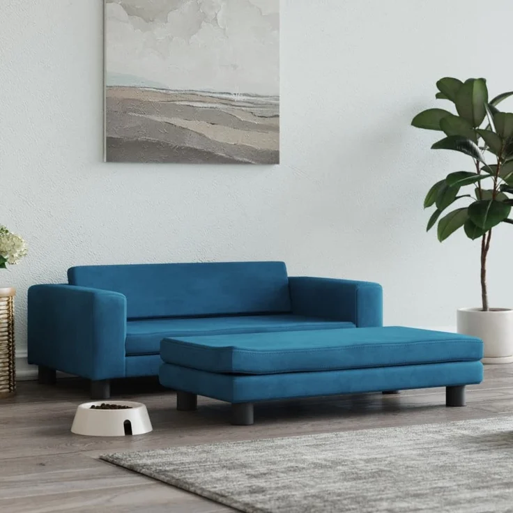 vidaXL Tierbett mit Verlängerung, blau - Hundesofa aus Samt mit massivem Kiefernholzrahmen