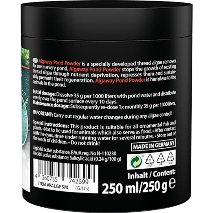 ARKA Pond Algaway Powder, Fadenalgenvernichter für Teich, kupferfrei, 250 g, unterstützt klares Wasser in kleinen Gartenteichen – Bild 3