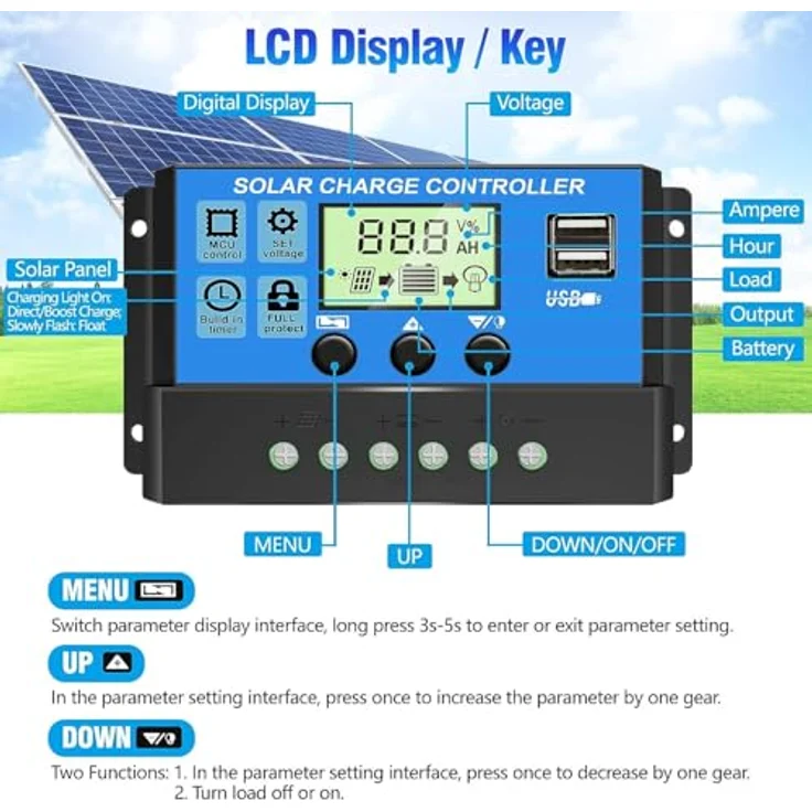 Depvko 30A Solarladeregler, 12V/24V PWM Solar Ladegerät Controller mit LCD-Display, Dual-USB-Port und automatischer Parametererkennung – Bild 4