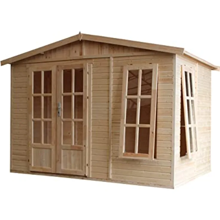 TIMBELA Gartenhaus Holz 6 m2 - H232 x 332 x 222 cm - Große multifunktionale Gartenhütte - Gerätehaus Holz Garten-Studio – Holzhaus Office im Garten - Rote bituminöse Schindeln M334FB+H334FBRED