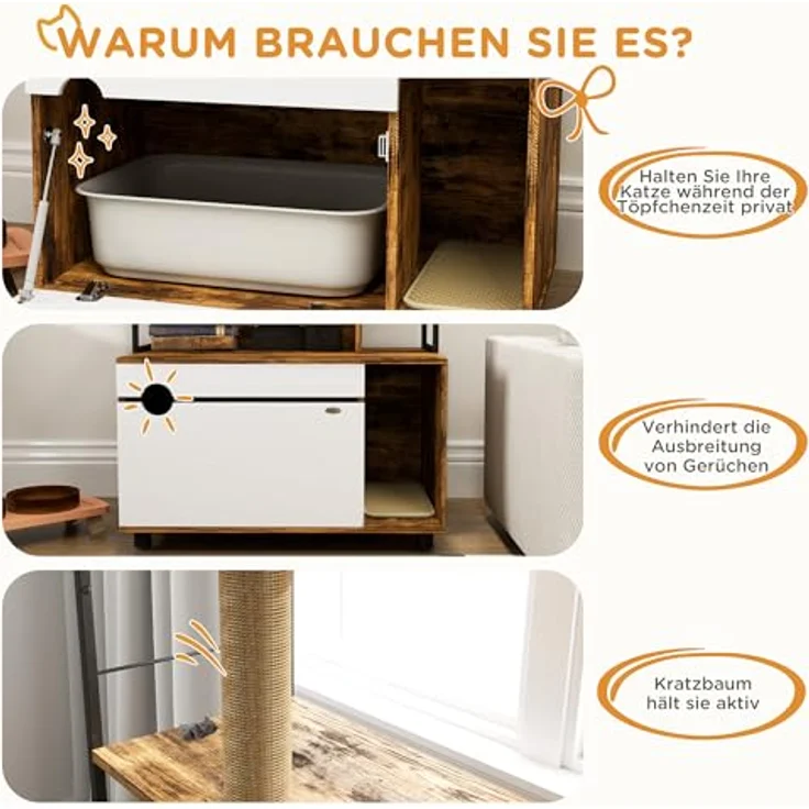 PawHut Tierhaus 2-in-1 mit 3-Ebenen-Regal, Kratzpfosten und Klapptür für Katzen bis 6 kg, Rustikal-Braun, 80 x 48 x 152 cm – Bild 7