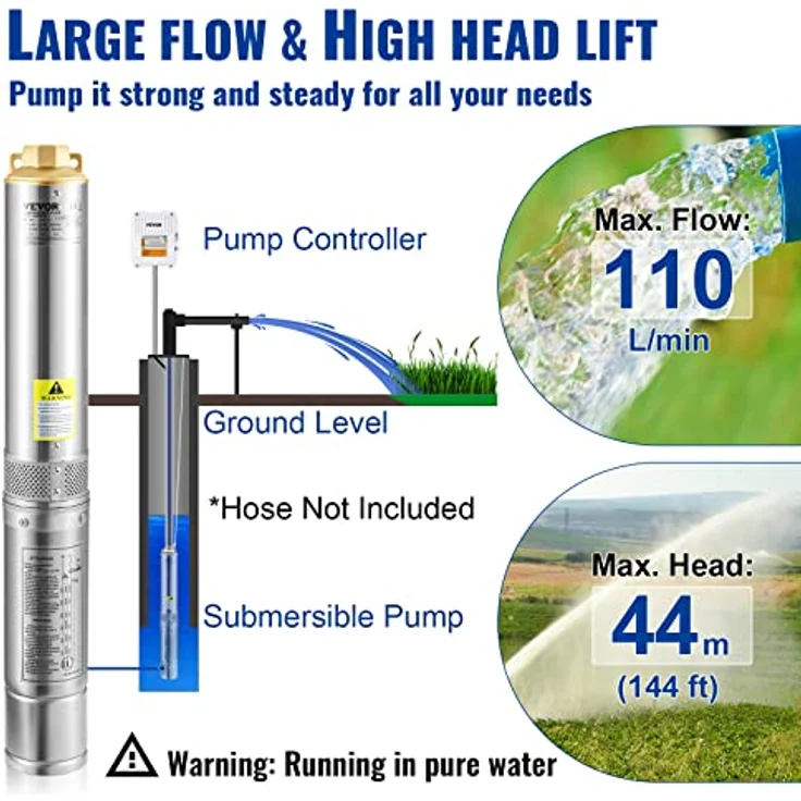 VEVOR 4" Tiefbrunnenpumpe 370W Brunnenpumpe 110L/min Tauchpumpe max. Förderhöhe 44m Rohrpumpe 230V 50Hz Sandpumpe Edelstahl Wasserpumpe 0-40℃ Pumpe Ideal zum Bewässern Wasser-Versorgen Entwässern – Bild 3
