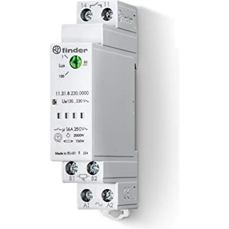 finder Dämmerungsschalter 11.31, automatischer Lichtsteuerungsschalter mit externem Lichtsensor, 16 A/230 V, einstellbare Schaltschwelle 1...100 lx, DIN-Schienen-Montage