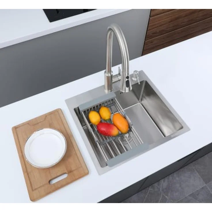 Faizee Home Future Serie Edelstahlspüle Silber 30/40/50 cm, SUS304 Einbauspüle mit Spülkorb, Seifenspender, Siphon & optionale Armatur – Bild 2