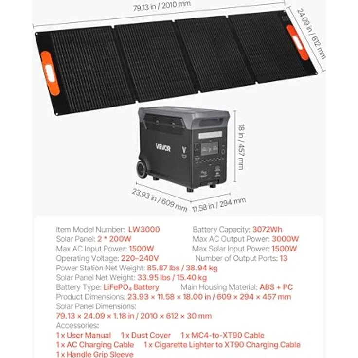 VEVOR Tragbare Powerstation LW3000, 3072 Wh LiFePO4 Akku, 3000 W Solargenerator mit 2 x 200 W Solarpanels und 13 Ausgängen, ideal für Notfälle, Camping und Reisen mit Wohnmobil – Bild 7