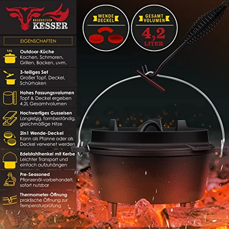 KESSER® Dutch Oven Set BBQ 4,2 Liter, Feuertopf Schmortopf mit Füßen, Gusseisen Topf mit Deckelheber Henkel und Schlitz für Themormeter, kochkessel Grilltopf Gulaschkessel für Oudoor & Indoor – Bild 2