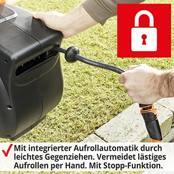 HECHT Automatik Wand Schlauchtrommel, 20m+2 oder 30m+2 Gartenschlauch, inkl. Wandhalterung, Sprühpistole & wahlweise Metall Multifunktions Gartenbrause für Gartenbewässerung – Bild 5