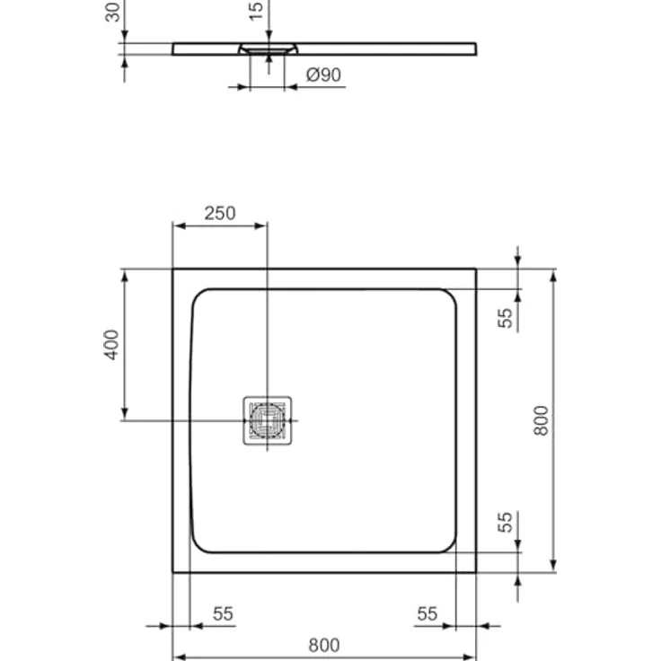 Ideal Standard T5600FR Quadrat-Brausewanne Ultra Flat S+, 800x800 mm, 30 mm Höhe, rutschfeste Oberfläche, Ideal SOLID Material, chromatischer Ablaufdeckel – Bild 3
