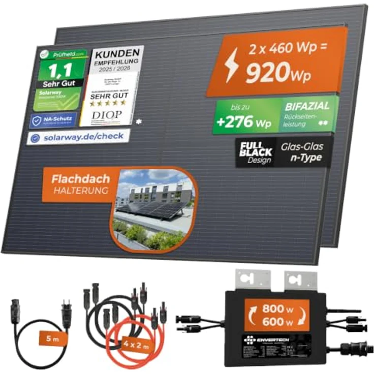 Solarway Balkonkraftwerk 800W, Komplettset mit 2x 440Wp Black Frame Solarmodulen und Envertech Wechselrichter – Bild 2
