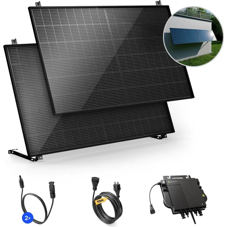 Solakon Balkonkraftwerk 1000W, Photovoltaikanlage mit Wandhalterung, Steckerfertig Komplettset, 800W, Kabellänge 10m, bifaziale N-Typ-Solarzellen