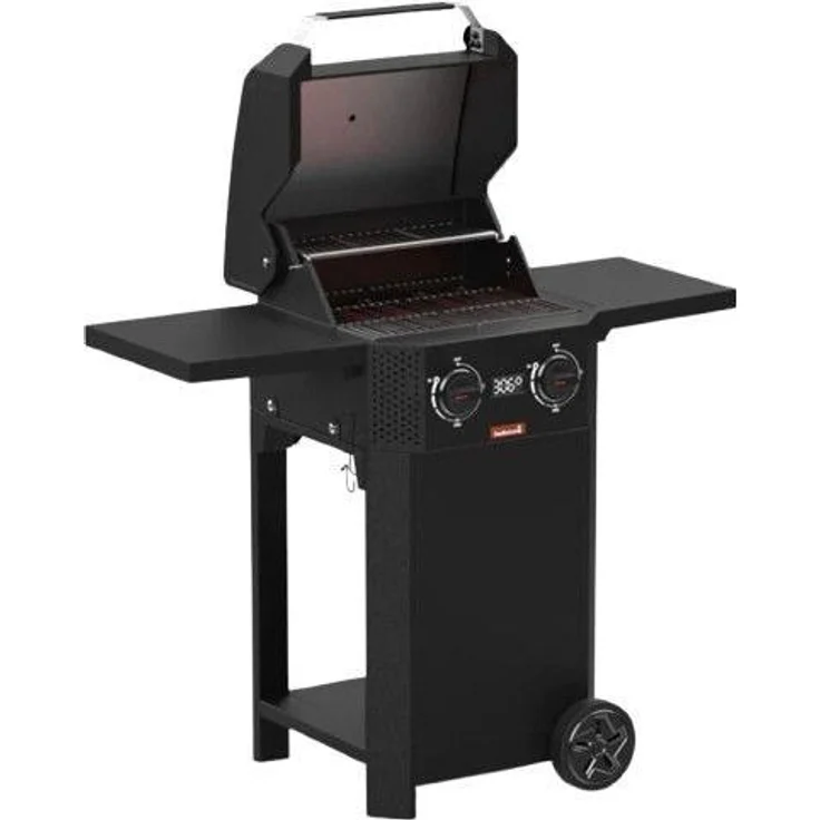 Barbecook E-Luca, Elektrogrill mit zwei Heizzonen, schwarzes Metall, integriertes LED-Display, ausklappbare Seitentische und Gusseisen-Roste