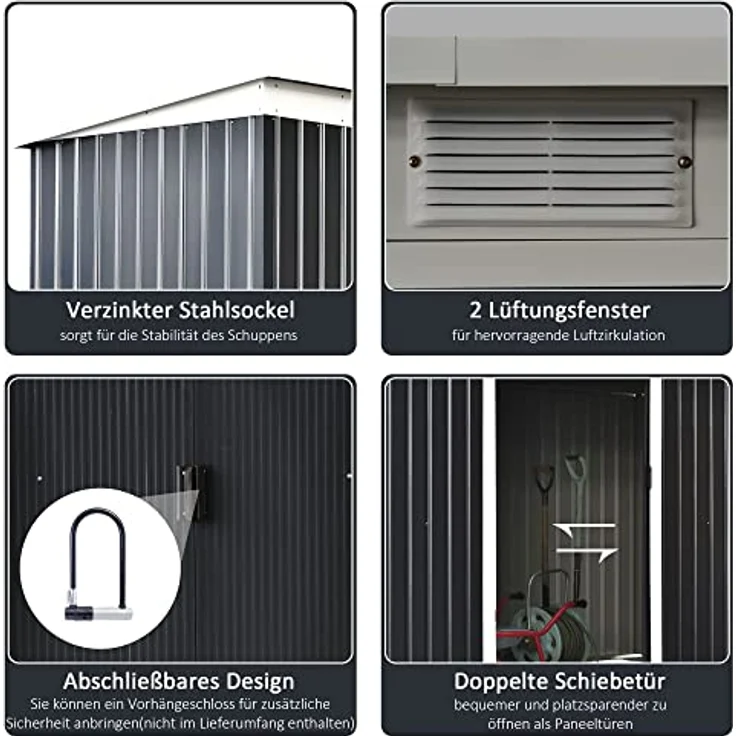 Outsunny Gerätehaus, Gartenhaus, Geräteschuppen mit Schiebetür, Lüftungsfenster, Pultdach, Outdoor, Stahl, Dunkelgrau, 280 x 130 x 172 cm – Bild 5