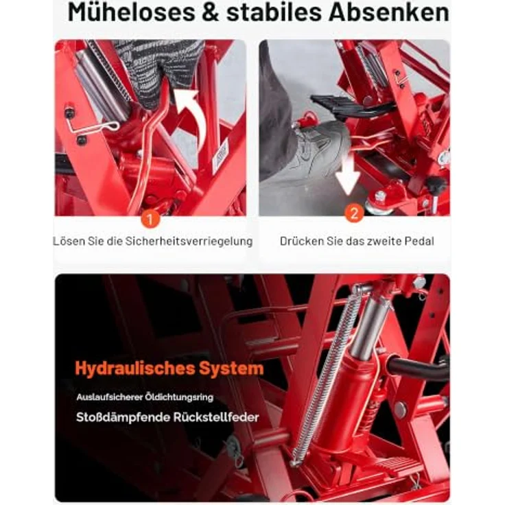 VEVOR Motorradhebebühne, Hydraulisch bis 680 kg, Höhenverstellbar 115–385 mm, mit 4 Rädern und Fußbedienung, Rot – Bild 4