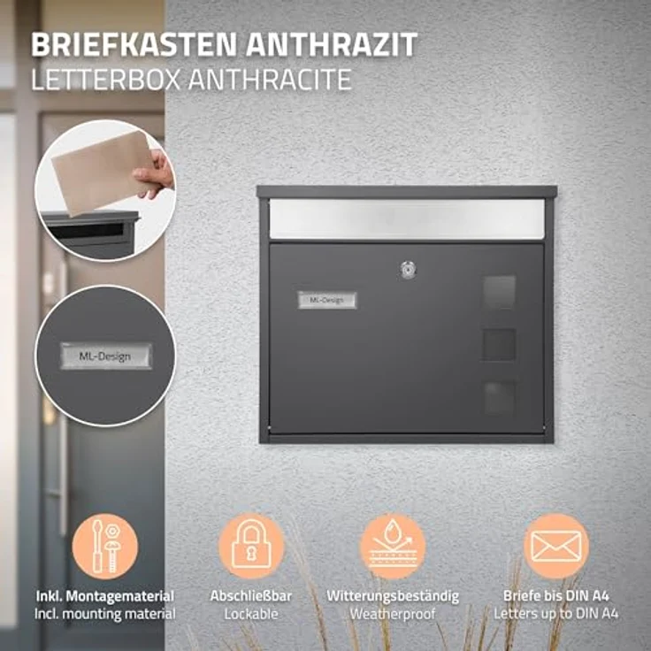 ML-DESIGN Standbriefkasten mit Zeitungsfach, anthrazit, inkl. Standfuß, 120 cm, wetterfest und abschließbar – Bild 2