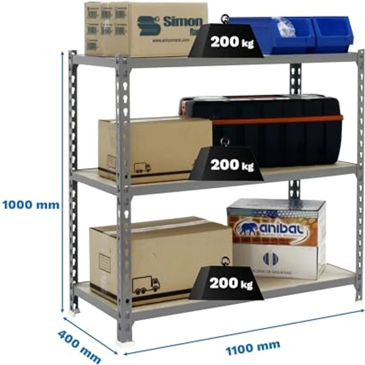 Simonrack Schwerlastregal, Metallregal 100x110x40 cm mit 3 Holzfachböden, Tragfähigkeit 200 kg, Grau/Holz – Bild 3