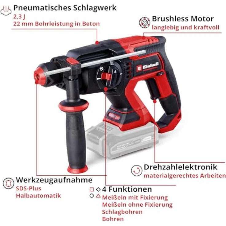 Einhell Akku-Bohrhammer TP-HD 18/22 D Li BL-Solo, Profi-Gerät mit Brushless Motor – Bild 3