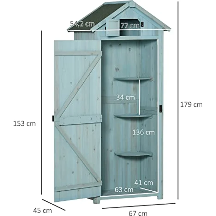 Outsunny Gartenschrank Gartenhaus Gerätehaus Geräteschuppen mit Fachböden Asphaltdach Fenster Holz Hellblau+Grün 77 x 54,2 x 179 cm – Bild 5