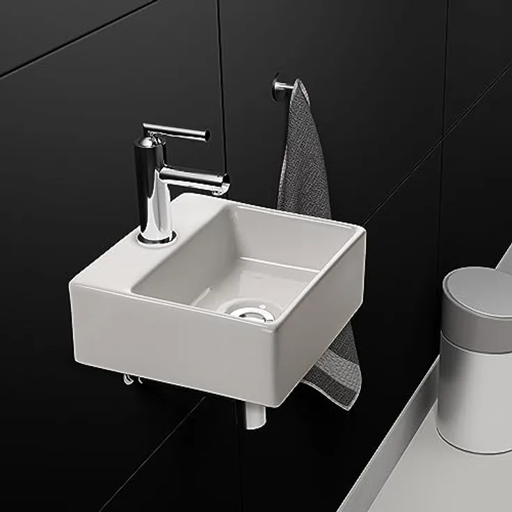 NEG Waschbecken Uno44H (extra klein/eckig) Hänge-Waschschale/Waschtisch (weiß) mit schmalem Rand und Nano-Beschichtung